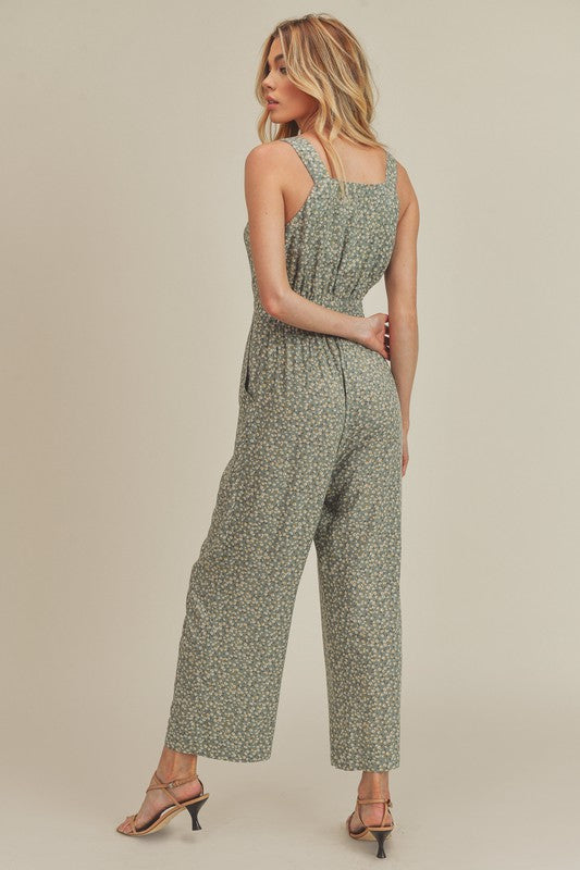 AVAH-Bloom Beauty Sleeveless Floral Jumpsuit-Sage Green