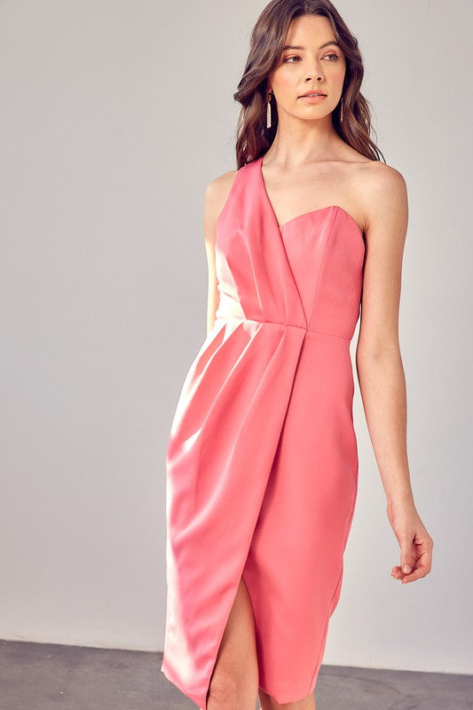 Graced One Shoulder Midi Dress-Pink-Avah Couture