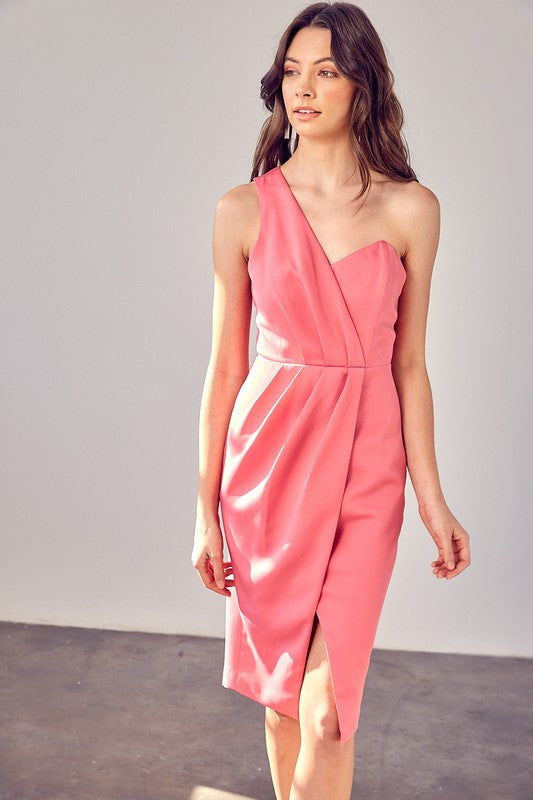 Graced One Shoulder Midi Dress-Pink-Avah Couture