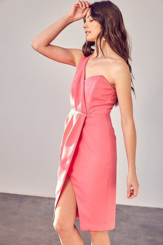 Graced One Shoulder Midi Dress-Pink-Avah Couture