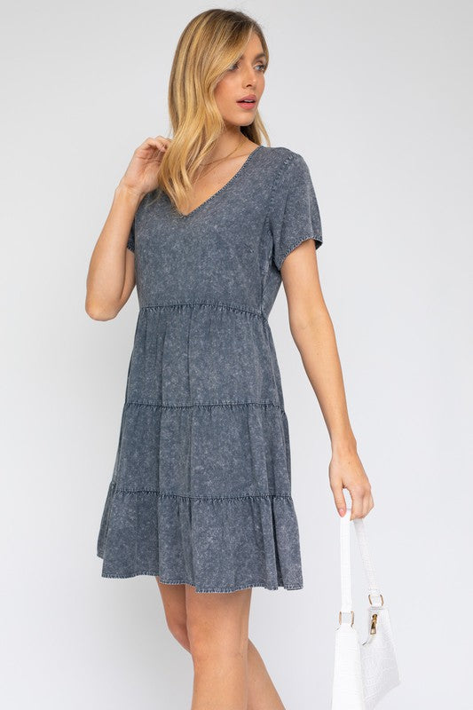 AVAH Weekend Vibe V Neck Babydoll Mini Dress-Grey