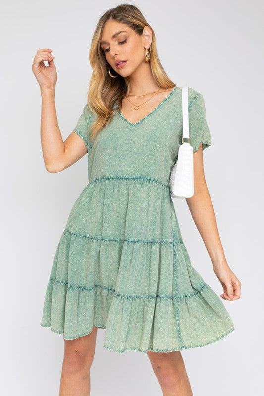 AVAH Weekend Vibe V Neck Babydoll Mini Dress-Sage