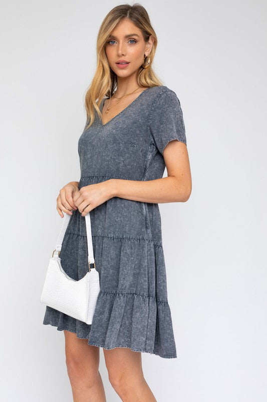 AVAH Weekend Vibe V Neck Babydoll Mini Dress-Grey