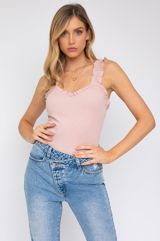 Flirty Sophistication Sweetheart Neck Ruffled Bodysuit-Dusty Pink-AVAH