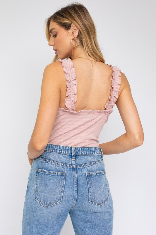 Flirty Sophistication Sweetheart Neck Ruffled Bodysuit-Dusty Pink-AVAH