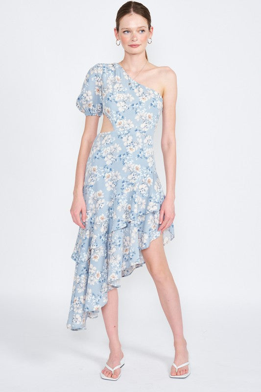 AVAH-Model wearing blue floral one-shoulder dress front view