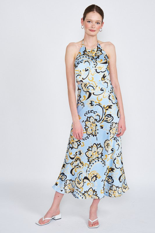 AVAH-Blue Mosaic Halter Neck Midi Dress-Baroque Print
