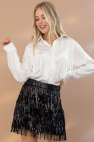 Encounter Button Up Long Sleeve Fringe Top-White-Avah