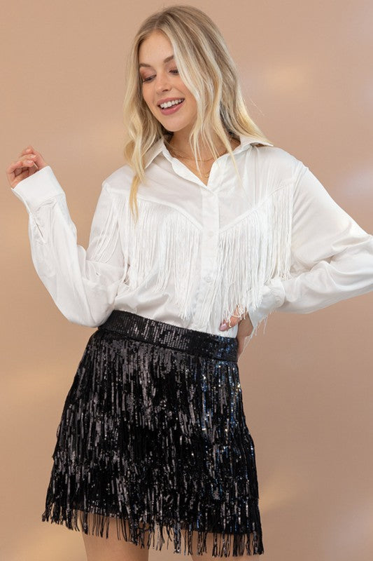 Encounter Fringe Long Sleeve Satin Top-White-Avah