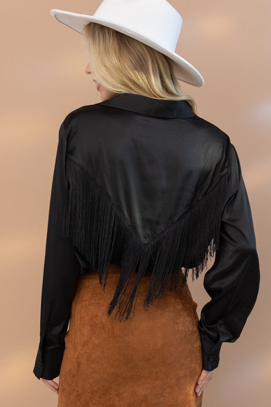 Encounter Fringe Long Sleeve Satin Top-Black-Avah