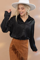 Encounter Button Up Long Sleeve Fringe Top-Black-Avah