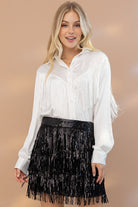 Encounter Button Up Long Sleeve Fringe Top-White-Avah