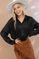 Encounter Button Up Long Sleeve Fringe Top-Black-Avah