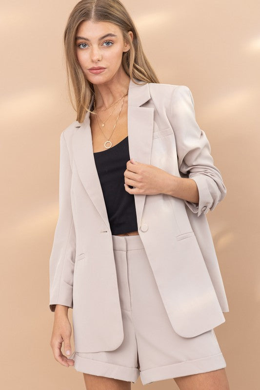 Be Your Own Boss Single Button Blazer And Short Set-Khaki-AVAH