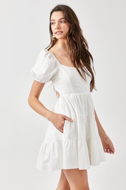 AVAH-Double The Fun Puff Sleeve Tiered Mini Dress-White