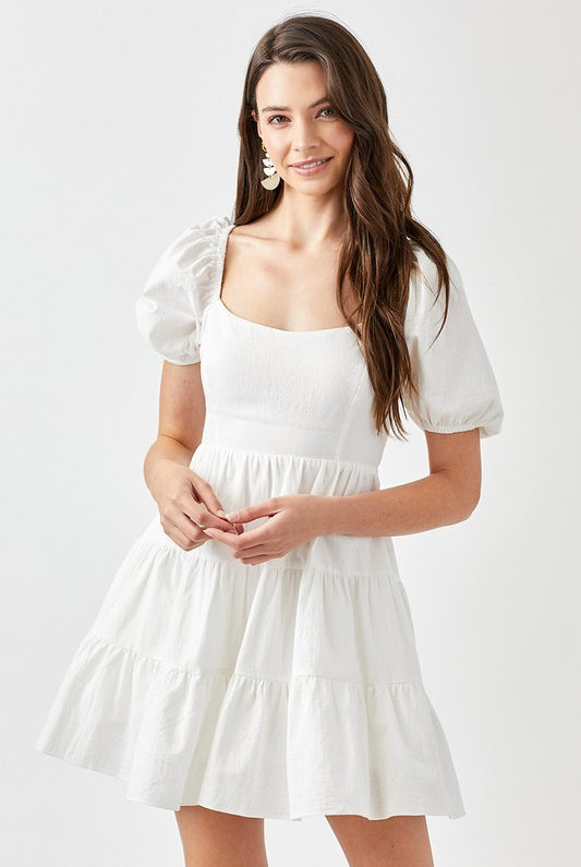 AVAH-Double The Fun Puff Sleeve Tiered Mini Dress-White