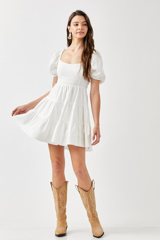 AVAH-Double The Fun Puff Sleeve Tiered Mini Dress-White