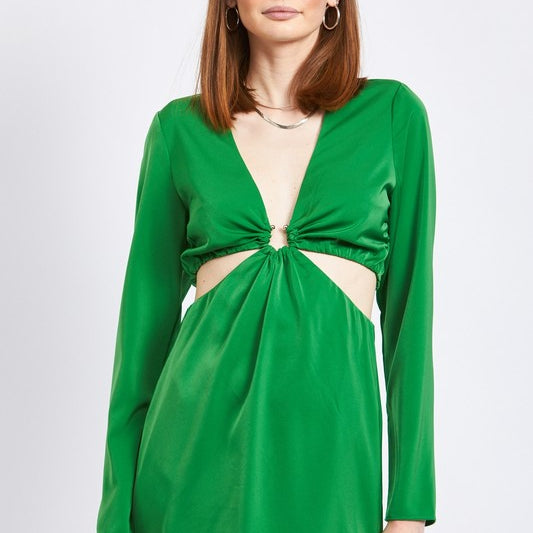 Emerald Twilight Long Sleeve Cut-Out Dress-Green-Avah
