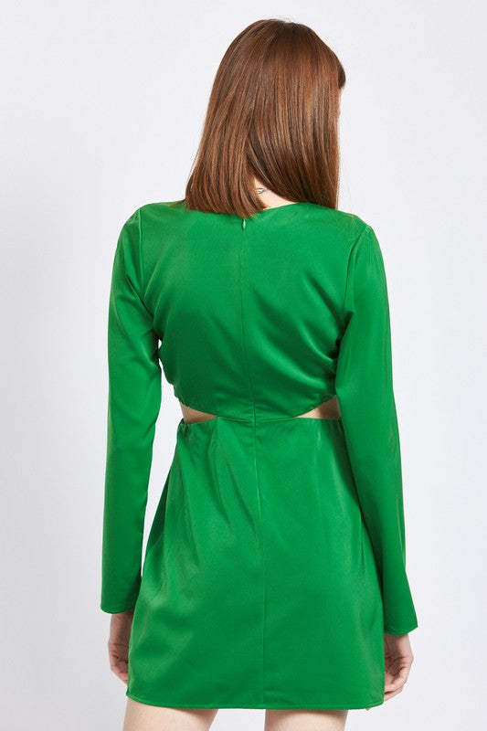 Emerald Twilight Long Sleeve Cut-Out Dress-Green-Avah