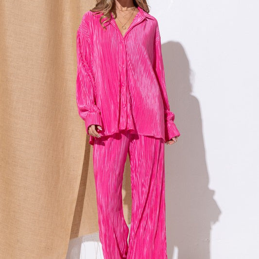 Love the Way You Look Pleated Blouse And Pants Set -Pink-Avah