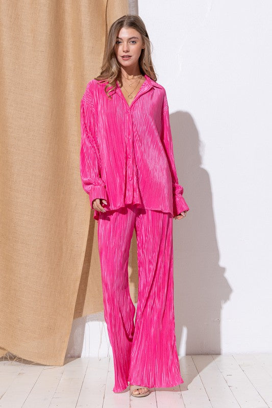 Love the Way You Look Pleated Blouse And Pants Set -Pink-Avah
