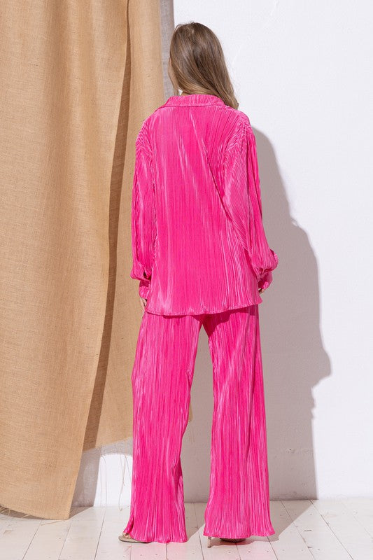Love the Way You Look Pleated Blouse And Pants Set -Pink-Avah