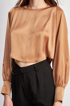 Lustrous Embrace Long Sleeve Satin Top - Tan-Avah