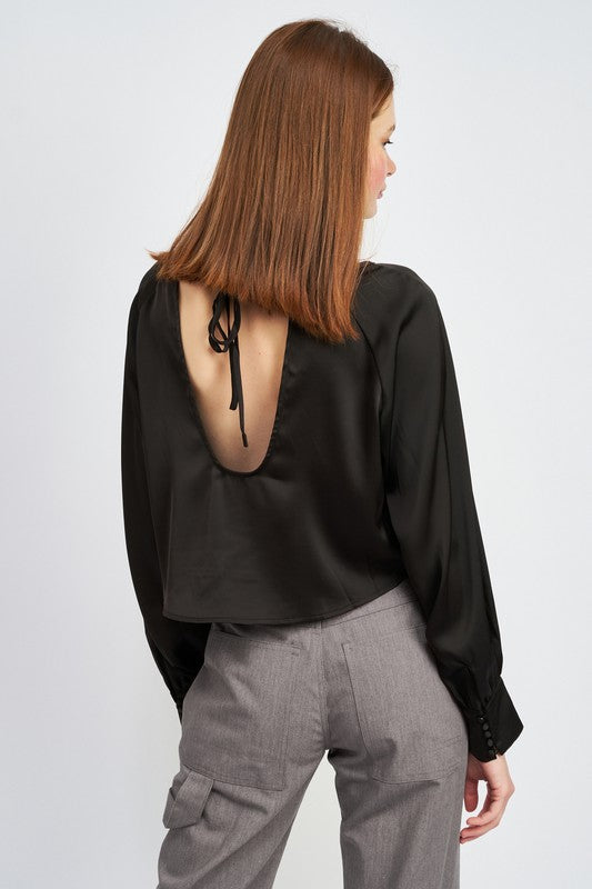 Lustrous Embrace Long Sleeve Satin Top - Black-Avah