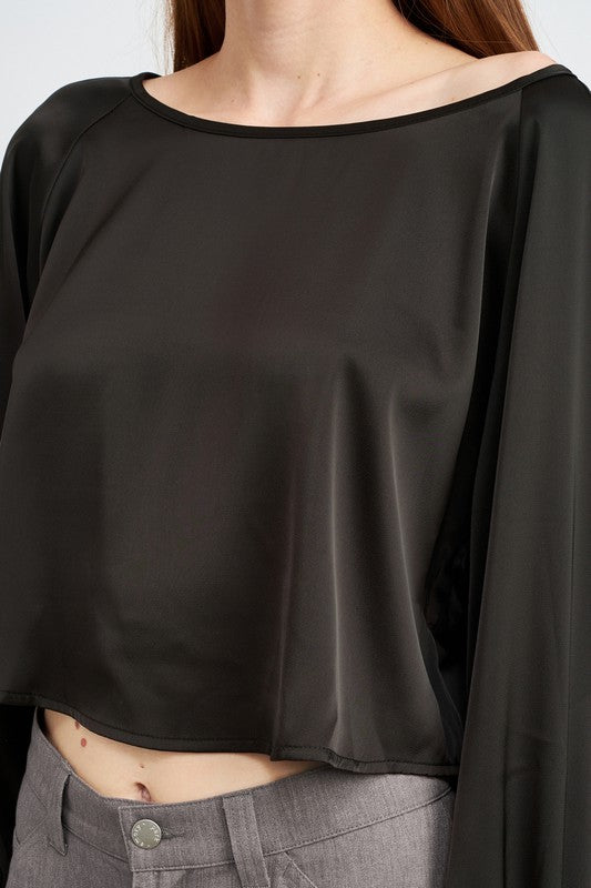 Lustrous Embrace Long Sleeve Satin Top - Black-Avah