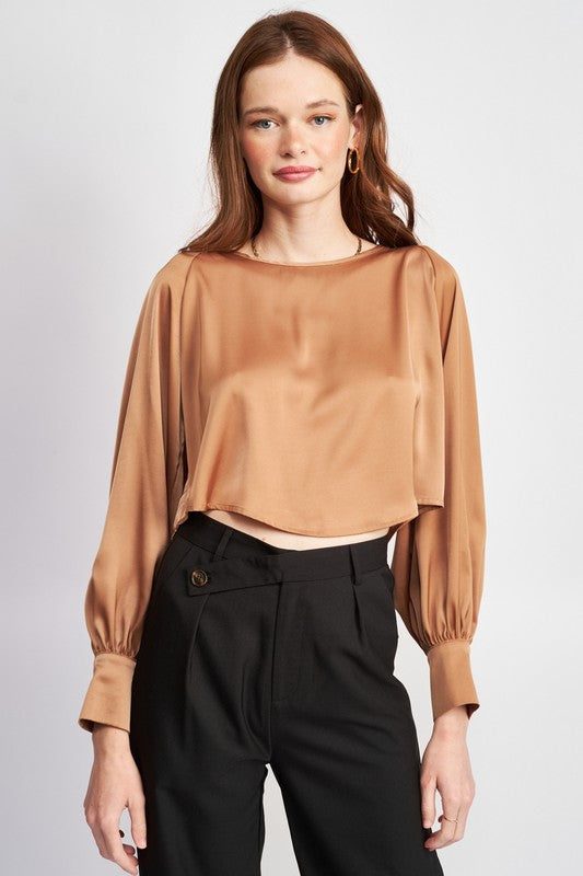 Lustrous Embrace Long Sleeve Satin Top - Tan-Avah