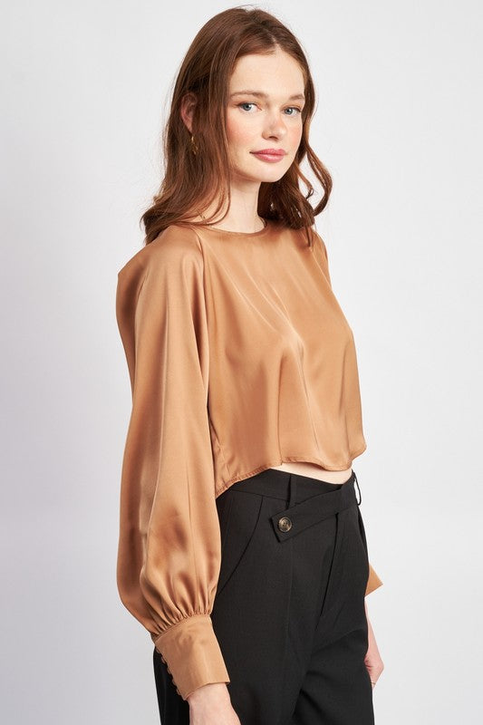 Lustrous Embrace Long Sleeve Satin Top - Tan-Avah