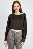 Lustrous Embrace Long Sleeve Satin Top - Black-Avah