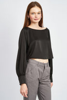 Lustrous Embrace Long Sleeve Satin Top - Black-Avah