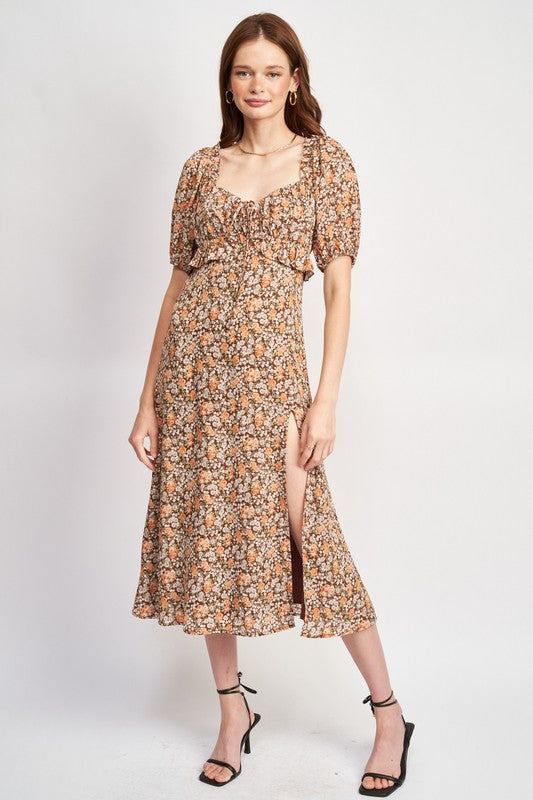 Brown Sugar Floral Sweetheart Neck Ruffle Midi Dress