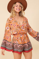 All The Right Notes Floral Print Long Sleeve Romper - Orange- Avah Couture