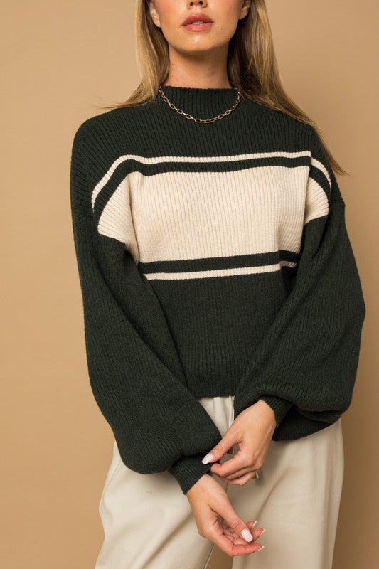Everlasting Classic Striped Mock Neck Sweater-Hunter Green-Cream-Avah