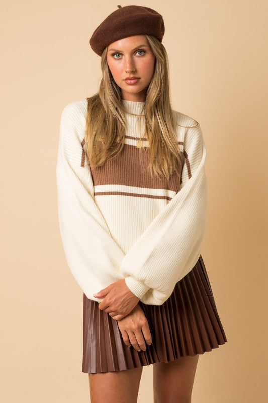 Everlasting Classic Striped Mock Neck Sweater-Ivory-Brown-Avah