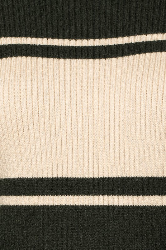 Everlasting Classic Striped Mock Neck Sweater-Hunter Green-Cream-Avah