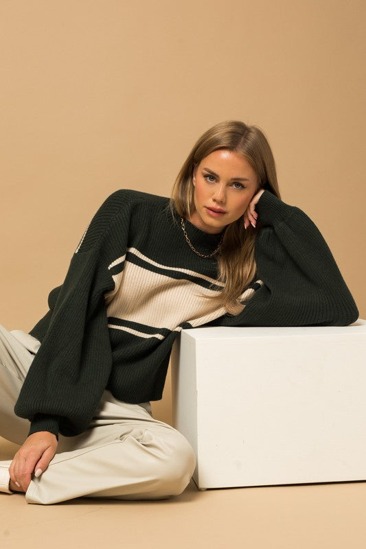 Everlasting Classic Striped Mock Neck Sweater-Hunter Green-Cream-Avah