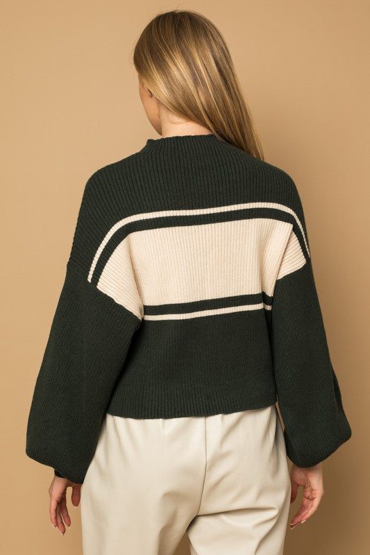 Everlasting Classic Striped Mock Neck Sweater-Hunter Green-Cream-Avah