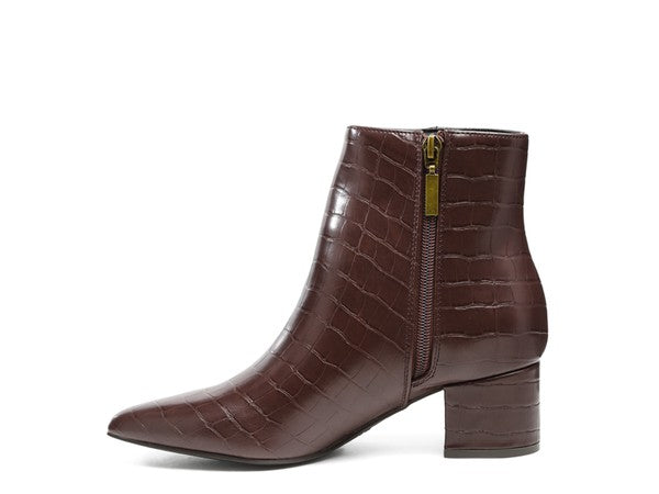 True Thalia Sleek Crocodile Pointed-Toe Ankle Boots-Brown-Avah