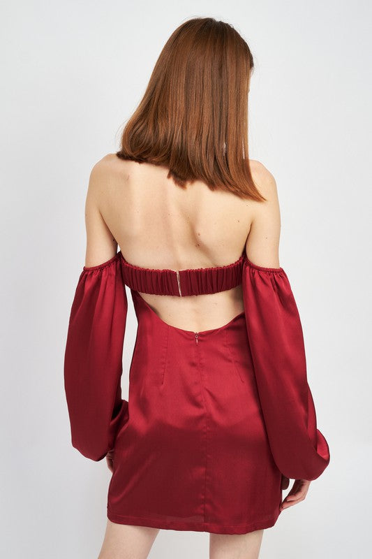 Chic Allure Cut Out Back Off the Shoulder Mini Dress - Burgundy- Avah