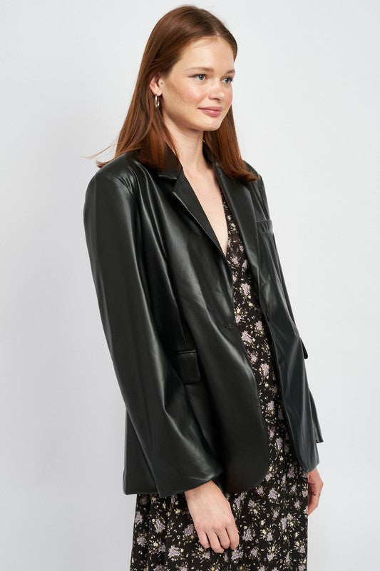 Perfect Duet Oversized Faux Leather Blazer Jacket - Black-Avah