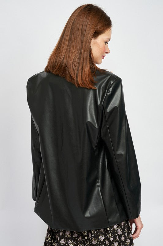 Perfect Duet Oversized Faux Leather Blazer Jacket - Black-Avah