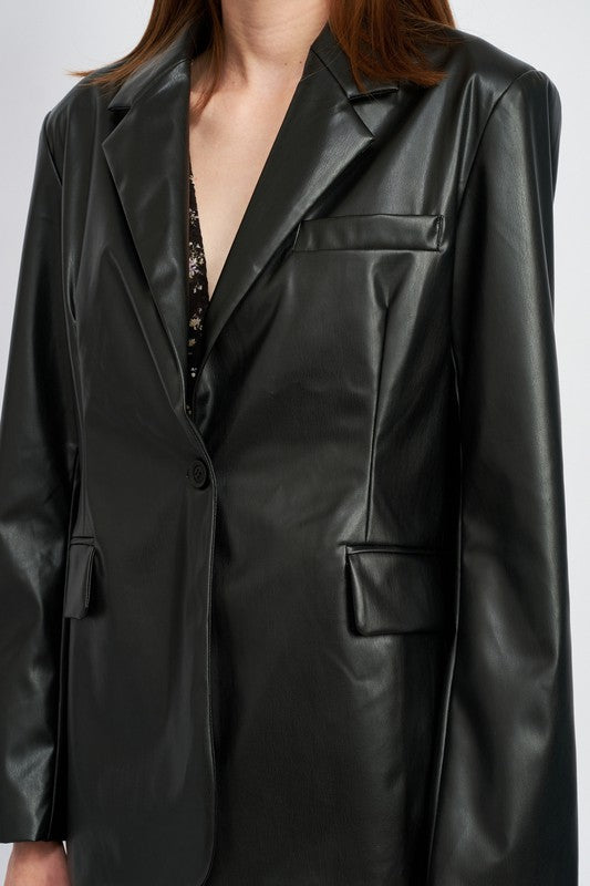 Perfect Duet Oversized Faux Leather Blazer Jacket - Black-Avah