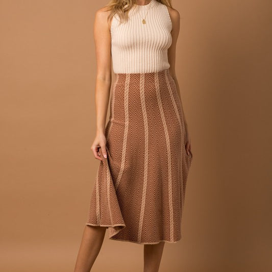 Fall Spice Herringbone Stripe Sweater Skirt - Cinnamon-Avah