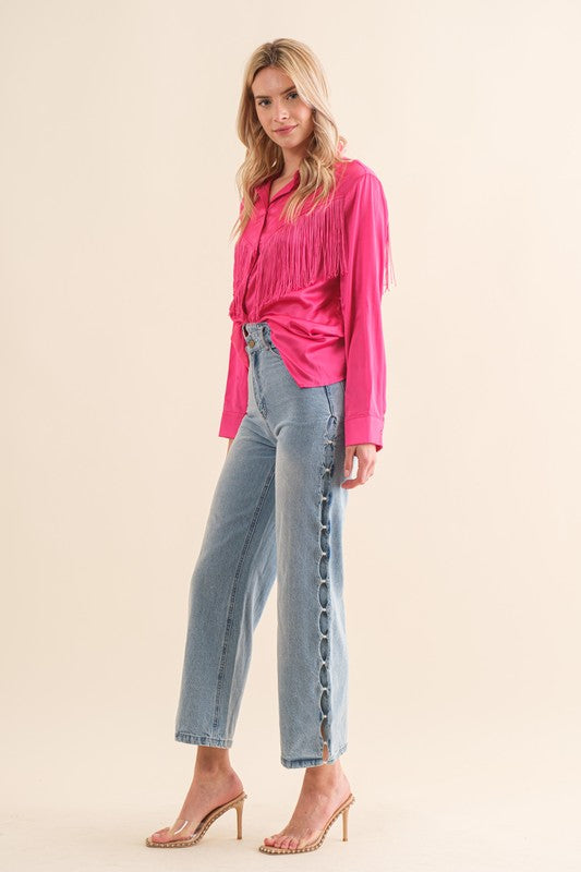 Encounter Fringe Long Sleeve Satin Top-Hot Pink-Avah