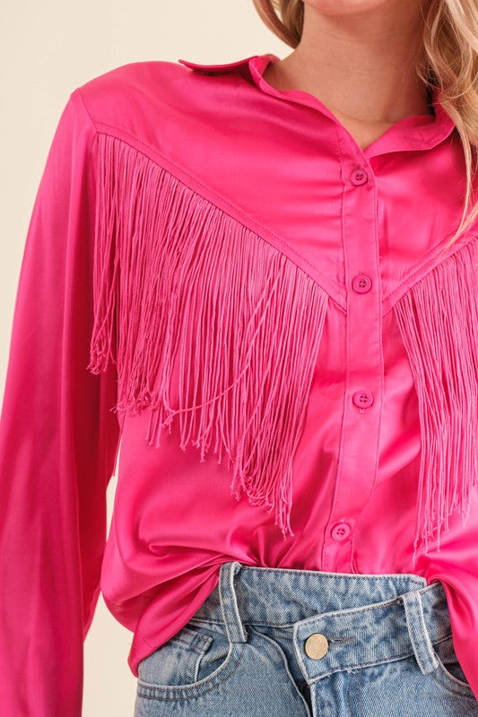 Encounter Button Up Long Sleeve Fringe Top-Hot Pink-Avah
