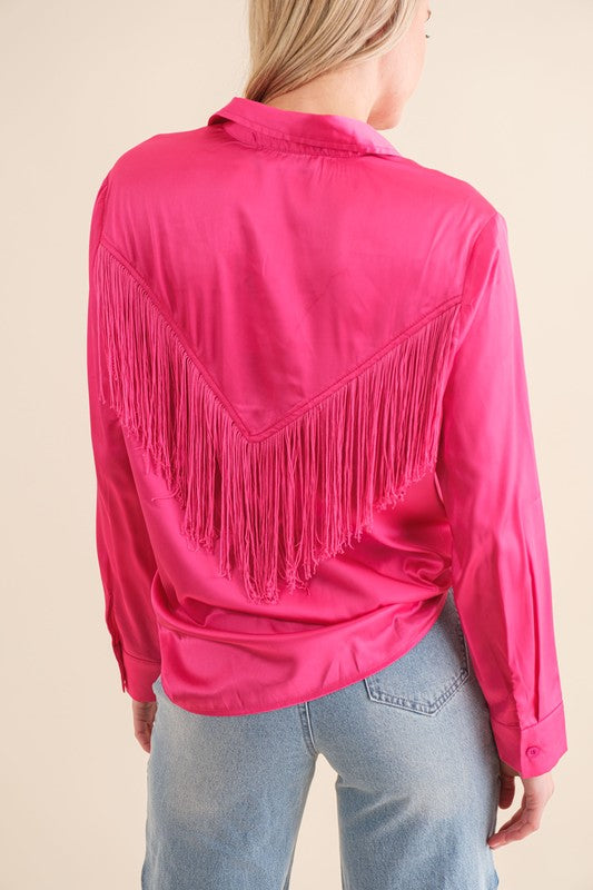 Encounter Fringe Long Sleeve Satin Top-Hot Pink-Avah