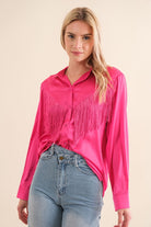 Encounter Button Up Long Sleeve Fringe Top-Hot Pink-Avah
